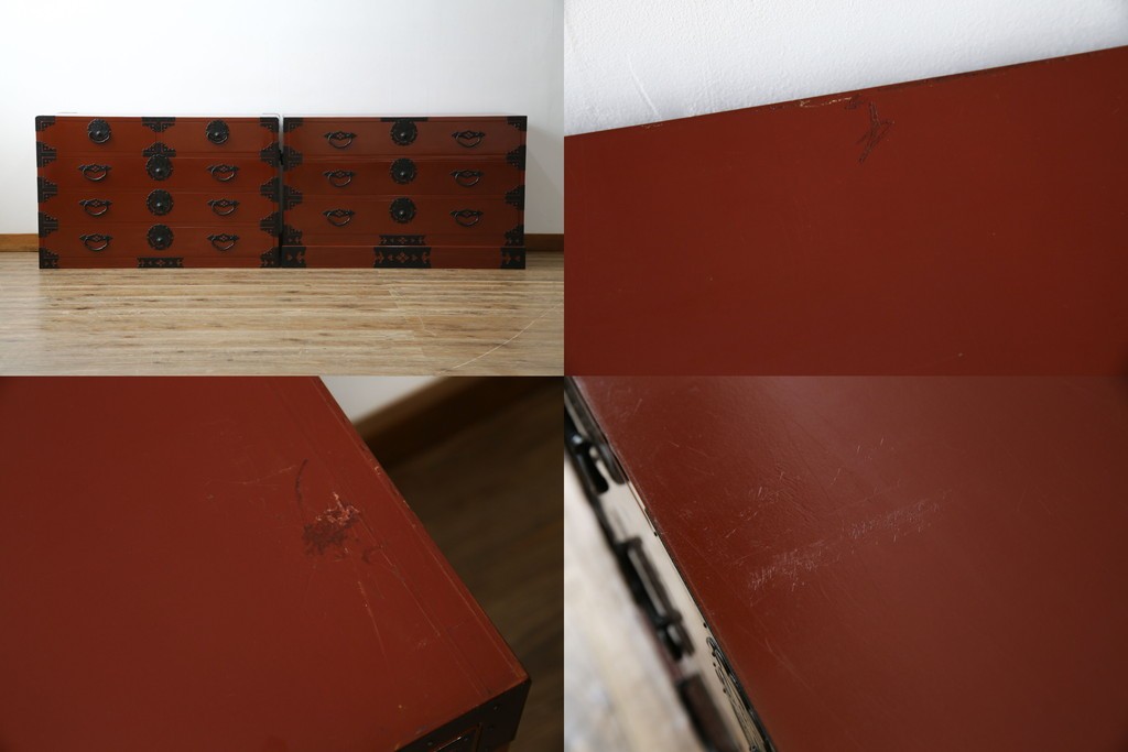 中古　桐材　落ち着いた色合いの朱塗りが魅力的な米沢箪笥　(R-058320)