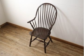 中古　美品　松本民芸家具　ウィンザーチェア　曲木　すっきりとしたデザインが魅力のアーチバックアームチェア(板座チェア、ダイニングチェア、ウインザーチェア)(定価約19万円)(R-058331)