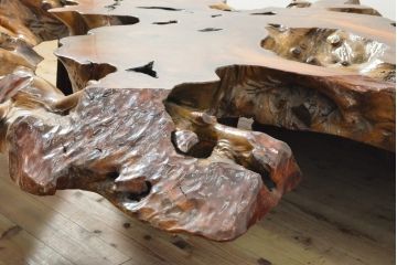 和製ヴィンテージ　特大!!　総欅材(ケヤキ材)　天板厚13.5cm　自然の壮大さを感じさせる、古木を輪切りにした一枚板の座卓(ローテーブル、センターテーブル、ビンテージ)(推定 定価約200万円以上)(R-058336)