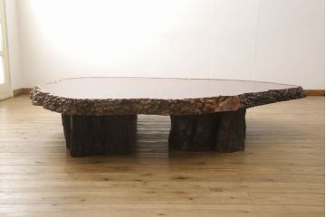 和製ヴィンテージ　特大!!　花梨材(カリン材)　葡萄杢　極厚天板8.5cm　一枚板　存在感抜群の座卓(ローテーブル、センターテーブル、ビンテージ)(R-058339)