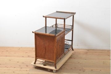 和製ビンテージ　工芸家具　繊細な造り込みの、虎斑竹(トラフダケ)と網代の飾り棚(茶棚、茶箪笥、収納棚、ヴィンテージ)(R-058340)