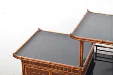 和製ビンテージ　工芸家具　繊細な造り込みの、虎斑竹(トラフダケ)と網代の飾り棚(茶棚、茶箪笥、収納棚、ヴィンテージ)(R-058340)