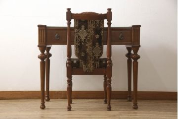 中古　美品　国会議事堂納品の高級家具メーカー　徳田家具　クラシカルなデスクとチェアのセット(ワークデスク、在宅ワーク用、テーブル、椅子、イス)(R-058344)