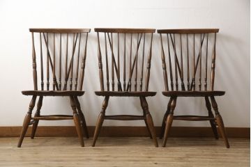 和製ビンテージ　キツツキマーク　オーク材　木の温もりが感じられるダイニングチェア3脚セット(板座チェア、イス、椅子、ヴィンテージ)(R-058350)