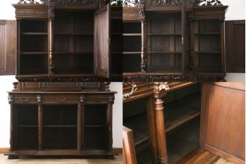 特大最高級!　イギリスアンティーク　マホガニー材　彫刻の素晴らしい二段重ねパーラーキャビネット(食器棚、戸棚、収納棚、カップボード)(R-058375)