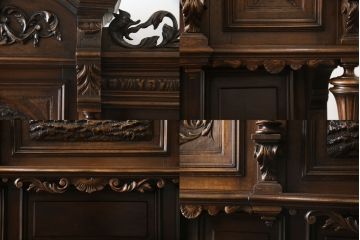 特大最高級!　イギリスアンティーク　マホガニー材　彫刻の素晴らしい二段重ねパーラーキャビネット(食器棚、戸棚、収納棚、カップボード)(R-058375)