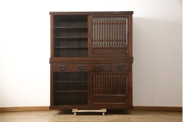 中古　美品　総欅(ケヤキ)材　和モダンな雰囲気を醸し出す二段重ね水屋箪笥(定価約88万円)(キャビネット、食器棚、戸棚、収納棚)(R-058419)