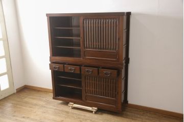 中古　美品　総欅(ケヤキ)材　和モダンな雰囲気を醸し出す二段重ね水屋箪笥(定価約88万円)(キャビネット、食器棚、戸棚、収納棚)(R-058419)
