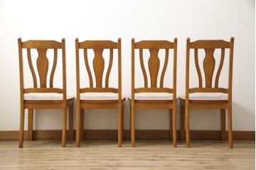 中古　美品　横浜クラシック家具　ダニエル(Daniel)　エトランゼ(Etranger)　E-501　エトランジェサイドチェア　背板の凝ったデザインが魅力のダイニングチェア4脚セット(板座チェア、椅子、イス)(4脚で定価約70万円)(R-058425)