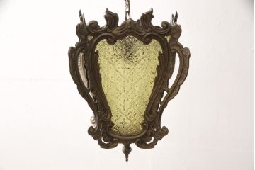中古　美品　アンティーク調　ガラスの模様や装飾が魅力的な天井照明(ペンダントライト、吊り下げ照明)(R-058465)