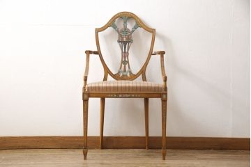 中古　超美品　六本木アピス取り扱い　イタリア　細やかで美しいアート入りのアームチェア(ダイニングチェア、椅子、イス)(定価約25万円)(R-058488)