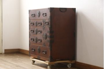 和製アンティーク　上手物!　三方欅(ケヤキ)材　杢目の素晴らしい東北小箪笥(時代箪笥、和タンス、収納たんす、引き出し)(R-058509)