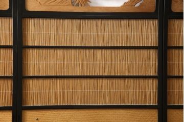 中古　美品　漆塗り　高級品　光月作銘　彫刻・透かし彫り・網代(あじろ)　松竹梅が彫り込まれた縁起の良いデザインが目を惹く御簾戸4枚セット(細密木彫、建具、簾戸、簀戸、葭戸、夏障子、すど、葦戸)(R-058536)