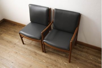 和製ビンテージ　日田工芸　チーク材　本革(レザー)　落ち着きのある色合いで大人の空間を演出するチェア2脚セット(アームチェア、イス、椅子、ダイニングチェア、ヴィンテージ)(R-058574)