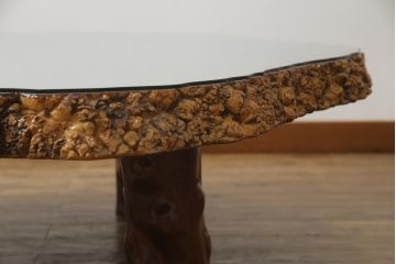中古　大振り!　極厚天板　カリン材(花梨材)　貴重な鳥眼杢の木肌が魅力的な座卓(ローテーブル)(R-058576)