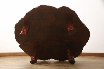 中古　大振り!　極厚天板　カリン材(花梨材)　貴重な鳥眼杢の木肌が魅力的な座卓(ローテーブル)(R-058576)