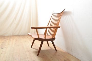 和製ヴィンテージ　ジョージナカシマ　LOUNGE ARM(ラウンジアーム)　One Arm(ワンアーム、片肘)　CN103　桜製作所　モダンに洗練された左アーム付きラウンジチェア(ジョージ・ナカシマ、イス、椅子、板座チェア、ビンテージ)(R-058614)