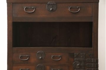和製アンティーク　明治期　檜(ヒノキ)材　横桟引き戸の美濃帳場箪笥(収納棚、戸棚、時代箪笥、和タンス)(R-058647)
