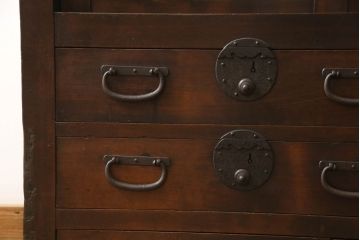 和製アンティーク　明治期　檜(ヒノキ)材　横桟引き戸の美濃帳場箪笥(収納棚、戸棚、時代箪笥、和タンス)(R-058647)