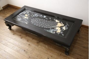 中古　美品　まるで美術品のような螺鈿細工が美しい漆塗り座卓(ローテーブル)(R-058710)