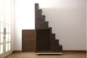 和製アンティーク　ヒノキ材　和の趣あふれる佇まいが魅力的な二段重ね階段箪笥(時代箪笥、和タンス、収納箪笥)(R-058804)
