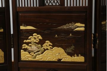 中古　美品　耕仙　蒔絵入り　黒檀　美術品のような佇まいが置くだけで目を惹く4連衝立て(パーテーション、仕切り、つい立て)(R-058820)