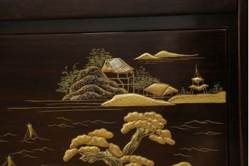 中古　美品　耕仙　蒔絵入り　黒檀　美術品のような佇まいが置くだけで目を惹く4連衝立て(パーテーション、仕切り、つい立て)(R-058820)