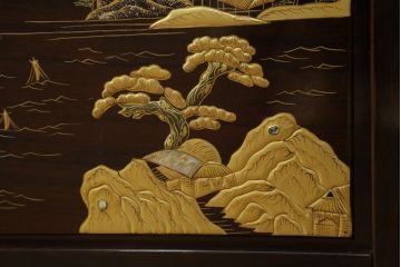 中古　美品　耕仙　蒔絵入り　黒檀　美術品のような佇まいが置くだけで目を惹く4連衝立て(パーテーション、仕切り、つい立て)(R-058820)