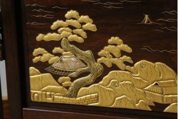 中古　美品　耕仙　蒔絵入り　黒檀　美術品のような佇まいが置くだけで目を惹く4連衝立て(パーテーション、仕切り、つい立て)(R-058820)