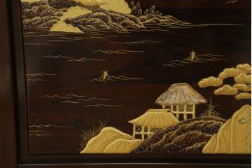 中古　美品　耕仙　蒔絵入り　黒檀　美術品のような佇まいが置くだけで目を惹く4連衝立て(パーテーション、仕切り、つい立て)(R-058820)
