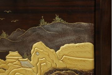中古　美品　耕仙　蒔絵入り　黒檀　美術品のような佇まいが置くだけで目を惹く4連衝立て(パーテーション、仕切り、つい立て)(R-058820)