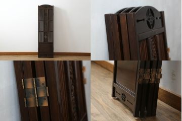 中古　美品　耕仙　蒔絵入り　黒檀　美術品のような佇まいが置くだけで目を惹く4連衝立て(パーテーション、仕切り、つい立て)(R-058820)