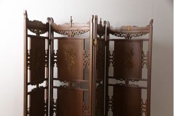 ヴィンテージ家具　高級品　象嵌がお見事!細やかな彫刻の意匠が置くだけで絵になる4連衝立て(パーテーション、仕切り、つい立て、ビンテージ)(R-058821)