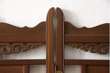 ヴィンテージ家具　高級品　象嵌がお見事!細やかな彫刻の意匠が置くだけで絵になる4連衝立て(パーテーション、仕切り、つい立て、ビンテージ)(R-058821)