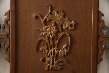 ヴィンテージ家具　高級品　象嵌がお見事!細やかな彫刻の意匠が置くだけで絵になる4連衝立て(パーテーション、仕切り、つい立て、ビンテージ)(R-058821)
