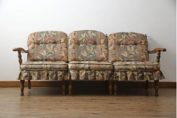 中古　美品　飛騨産業　キツツキ　穂高シリーズ　絵画のようなファブリックが素敵な3人掛けソファ(三人掛け、3P、アームソファ)(R-058830)