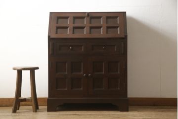 中古　美品　松本民芸家具　希少モデル　格子模様が特徴的なK型ライティングビューロー(ワークデスク、在宅ワーク用、簿記机、収納棚、戸棚)(R-058879)