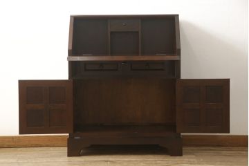 中古　美品　松本民芸家具　希少モデル　格子模様が特徴的なK型ライティングビューロー(ワークデスク、在宅ワーク用、簿記机、収納棚、戸棚)(R-058879)