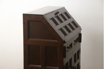 中古　美品　松本民芸家具　希少モデル　格子模様が特徴的なK型ライティングビューロー(ワークデスク、在宅ワーク用、簿記机、収納棚、戸棚)(R-058879)