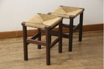 ヴィンテージ家具　松本民芸家具　初期モデル　ラッシ座面がおしゃれなスツール2脚セット(チェア、椅子、ビンテージ)(R-058972)