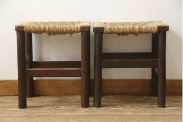 ヴィンテージ家具　松本民芸家具　初期モデル　ラッシ座面がおしゃれなスツール2脚セット(チェア、椅子、ビンテージ)(R-058972)