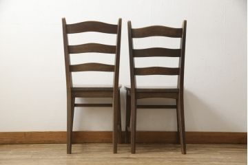 中古　永田良介商店　神戸洋家具　落ち着きのあるシックな佇まいが魅力のラダー型食堂椅子2脚セット(ダイニングチェア、ラダーバックチェア、ワークチェア、椅子、板座チェア)(R-058975)