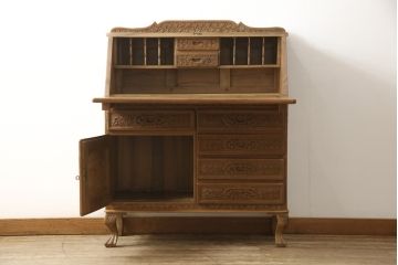 中古　民芸家具　アジア　シャームウッド　総彫り仕上げ　細やかな彫刻が目を引くライティングビューロー(ワークデスク、在宅ワーク用、簿記机、チェスト)(R-059011)