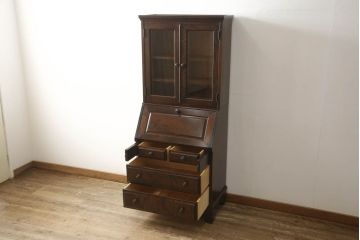 中古　北海道民芸家具　レア!　上品な雰囲気漂う高山式ビューローブックケース(ライティングビューロー、本箱、収納棚、ワークデスク、在宅ワーク、在宅用)(R-059043)