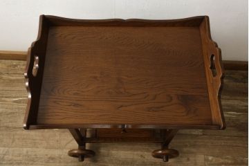 激レア!　中古　美品　総欅(ケヤキ)材　職人手造り家具　凝った造りのサイドワゴンテーブル(トロリー、キッチンワゴン)(R-059086)