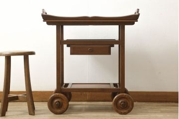 激レア!　中古　美品　総欅(ケヤキ)材　職人手造り家具　凝った造りのサイドワゴンテーブル(トロリー、キッチンワゴン)(R-059086)