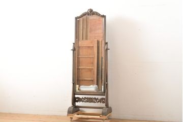 和製ビンテージ　神戸洋家具　凝った造りの彫刻入り姿見(鏡、ミラー、ヴィンテージ)(R-059097)