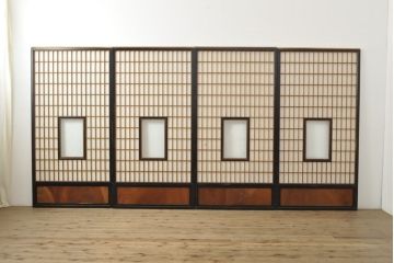 アンティーク建具　腰板欅(ケヤキ)材　木色のコントラストが凛とした雰囲気を醸し出す障子戸4枚セット(引き戸、建具)(R-059160)
