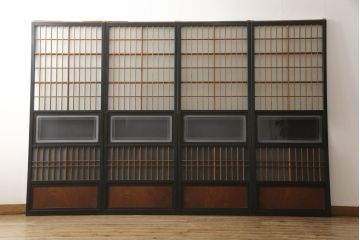 アンティーク建具　腰板欅(ケヤキ)材　上質な和を演出してくれる格子ガラス戸4枚セット(引き戸、建具)(R-059166)