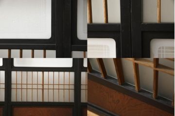 アンティーク建具　腰板欅(ケヤキ)材　上質な和を演出してくれる格子ガラス戸4枚セット(引き戸、建具)(R-059166)